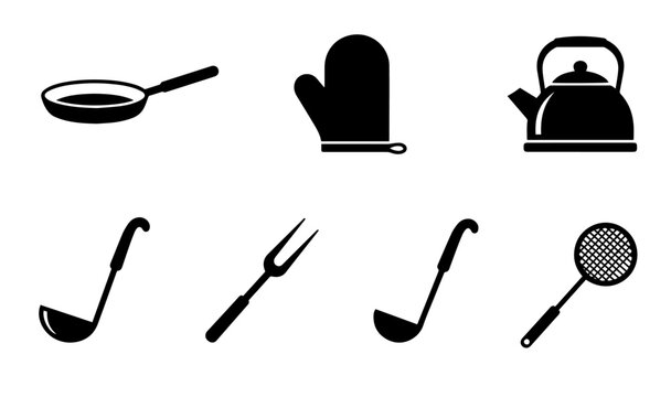 Kitchen utensils silhouette set pan kettle ladle cooking tool vector