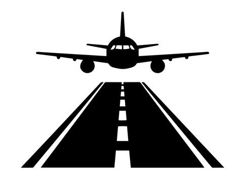 Airplane landing on runway silhouette icon airplane taking off vector