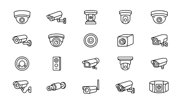 Security camera line icon set cctv surveillance system outline vector