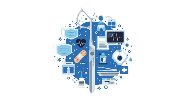Flat Illustration of Medical and Surgical Equipment with Scissors, Face Masks, and Heart Monitor on Blue Circular Background