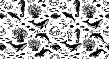 Luxury seamless ocean vector pattern featuring pearls, seahorses, anemones, tropical fish, whales, and dolphins in a clean black and white solid fill style for textile design. © Izzana