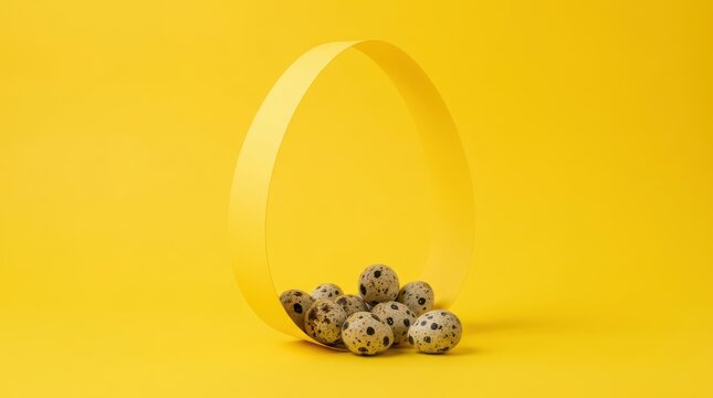 Quail eggs inside a yellow paper egg shape on a yellow background