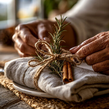 Rustic linen napkin decorated with rosemary sprig and cinnamon stick tied with jute twine