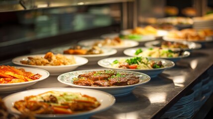 Obraz premium Assorted Dishes Displayed in a Warm Restaurant Environment with Fresh Ingredients and Vibrant Colors