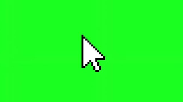 A white pixelated computer mouse cursor on a bright green background, symbolizing digital navigation and interaction