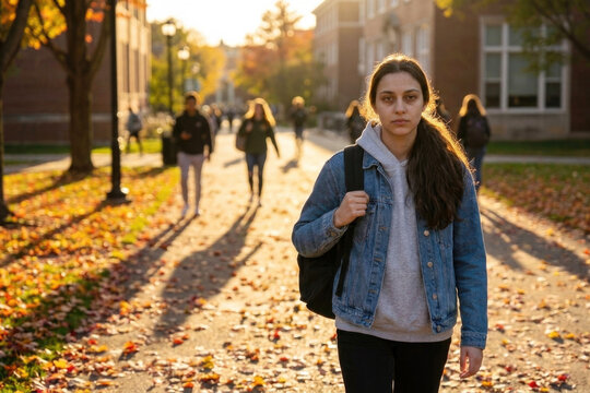 Serious female student walking on autumn university campus walkway symbolizing personal journey and future goals