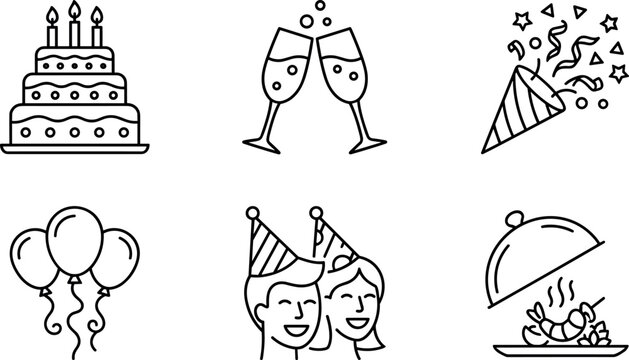 Birthday Party and Holiday Celebration Outline Icon Set with Birthday Cake Champagne Glasses Confetti Poppers Balloons and Event Catering Food Line Art Symbols