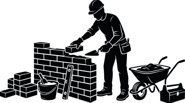 Bricklayer Construction Worker Laying Bricks for a Wall Illustration