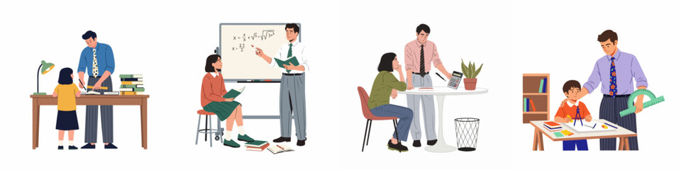 Obraz premium Set of vector illustrations depicting a male teacher or mentor helping students of various ages with math, technical drawing, and homework.