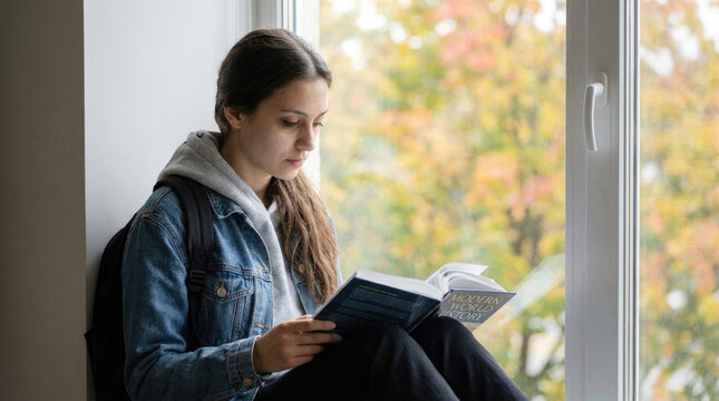 Focused young female student reading book on windowsill against autumn foliage background representing education