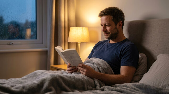Relaxed smiling man reading engaging book in cozy bed under warm evening lamp light