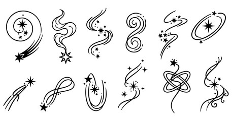 Star doodles hand drawn galaxy swirl icon, Sparkly trails and cosmic curves, dynamic cosmic star trails set for whimsical card designs. magical dust swirl vector, spark, shine, glitter, curve © Uttham