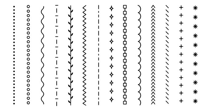 Sewing Stitches Vectors, Collection Stitch Patterns, Detail Stitched Vector Patterns Vectors On White Background, Geometric dashed borders and patterns, frame, border, design, texture, black