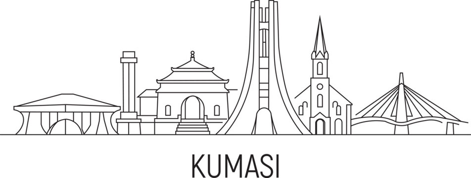 Black line art shows Kumasi skyline
