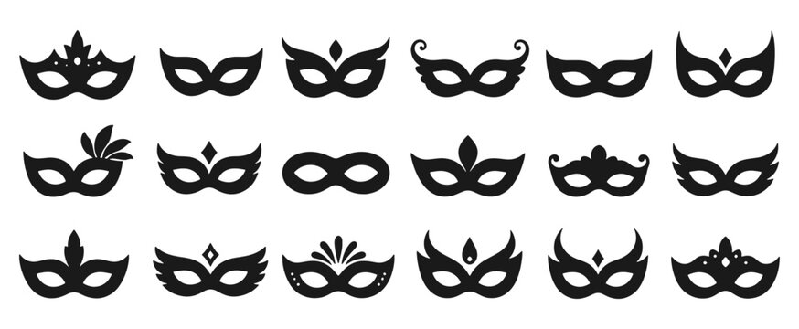 Elegant masquerade mask silhouette vector icons for carnival parties and mysterious event invitations, various artistic shapes and patterns, mask, masquerade, carnival, mystery, party