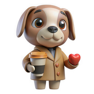 Cute cartoon dog character holding coffee cup and heart isolated as PNG