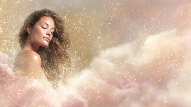 Young woman emerging from pastel clouds with golden sparkle light. Perfect for beauty ads, wellness branding, dreamlike editorials, and banners.