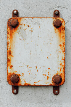 Small rusty metal plate with worn white paint mounted on concrete. Perfect for industrial ads, warning signs, product mockups, and banners.