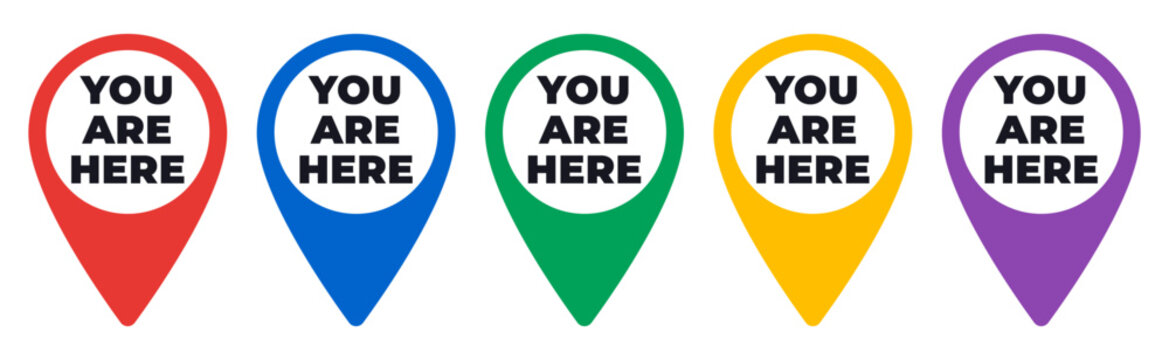 Multicolored Map Marker Pin with You Are Here Phase. Location Pin isolated icon set vector illustration