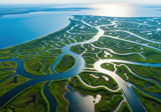 Expansive natural delta landscape viewed from above, showcasing the complex branching network of water channels feeding into a larger body, nature photography, mapping, green