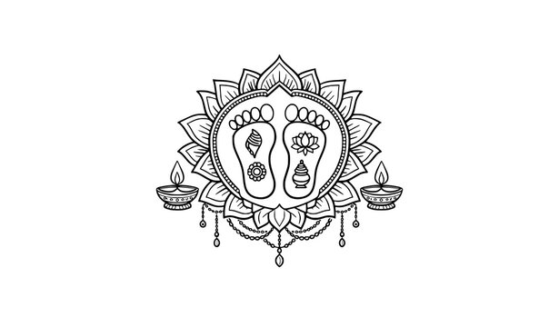 Goddess laxmi footprints charan paduka line art mandala for diwali festival