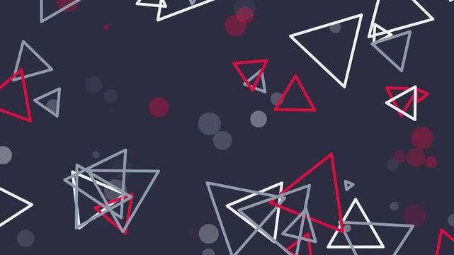 Geometric pattern with floating red and white triangle shapes on a dark navy blue surface