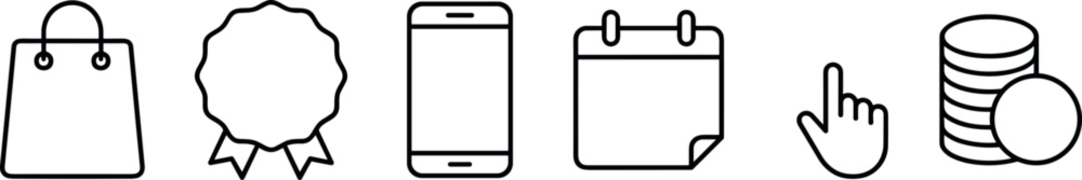 E Commerce and Digital Marketing Outline Icon Set with Shopping Bag Ribbon Badge Smartphone Calendar Hand Click and Stacked Coins Line Art Symbols