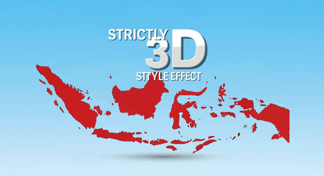Red silhouette map of Indonesia archipelago including Sumatra, Java, Kalimantan, and Sulawesi on blue gradient background with editable 3D white text style effect overlay.