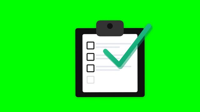 Completed checklist on clipboard with green checkmark icon representing success and verified survey results