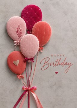 Soft Textile Birthday Balloons Greeting Card With Elegant Pink Pastel Celebration Design