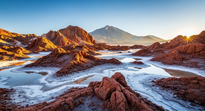 Vast desert plains with jagged red rock formations and towering volcanic peaks stand under a clear blue sky amidst white salt flat basins, geological, vast, crust