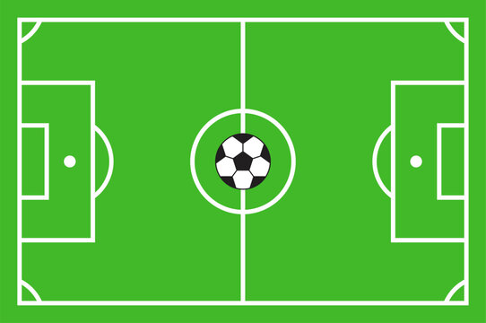Football field with center ball. Top view of a soccer pitch with clear markings and green surface. Isolated sports illustration for match, tournament, training, strategy, infographic, or game design