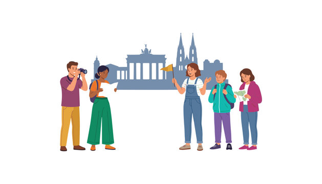 Group of tourists with tour guide exploring Germany landmarks city silhouette vector illustration on white background