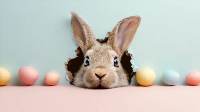A whimsical Easter scene with a cute bunny poking its head through a hole in an egg display.