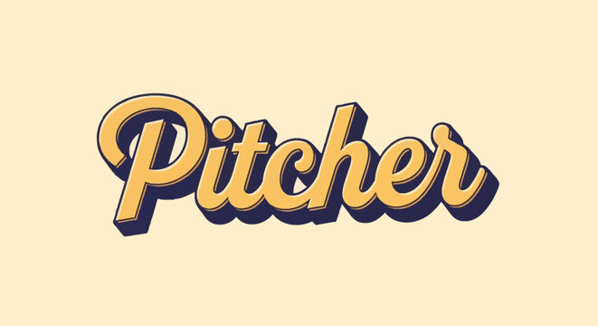 Vintage script lettering of the word Pitcher with yellow fill and dark blue 3D extrusion shadow. Retro graphic typography on a cream background for baseball or sports design.