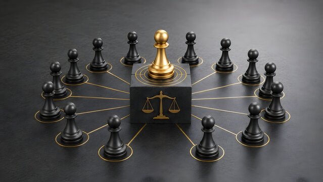 Golden chess pawn on justice scale block surrounded by black pawns representing legal strategy authority and fair leadership