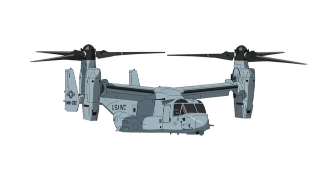 MV-22 Osprey military tiltrotor aircraft vector illustration with dual prop rotors, grey fuselage, and VMM-262 markings isolated on white background for transport missions.