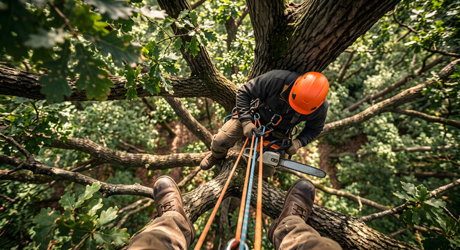 Arborist wearing orange protective helmet sitting on tree branch with chainsaw and ropes.