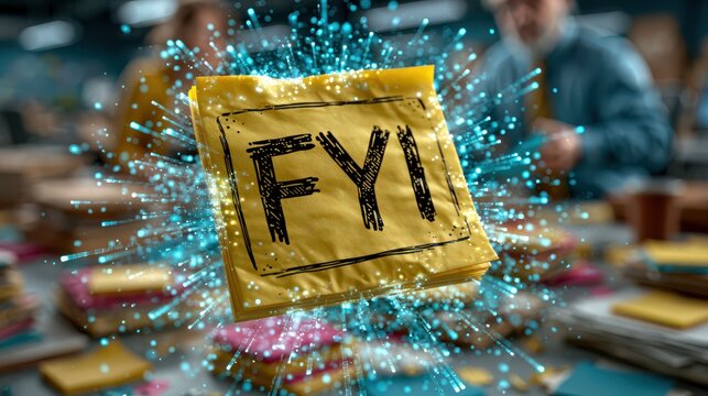 A yellow sticky note with "FYI" written on it hovers prominently, surrounded by digital blue network connections, while people work in the blurred background.