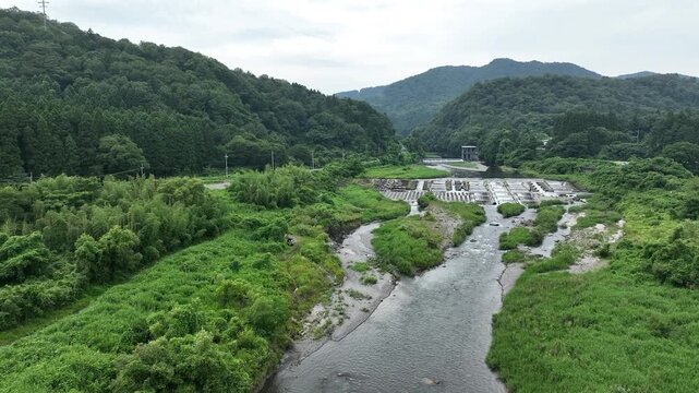 Aerial View of the Clear Adogawa River near Adogawa Riverside Campsite, Shiga Prefecture, Japan &ndash; Summer Freshwater Landscape with Two Weirs