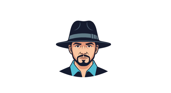Vector illustration of a middle-aged man with a groomed goatee and mustache wearing a vintage dark blue fedora hat and a light blue collared shirt isolated on a white background.
