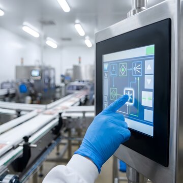 Worker wearing protective blue glove operating automated touch screen control panel in modern factory