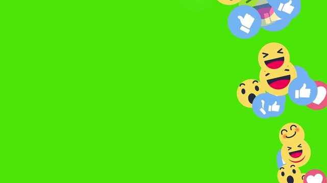 Animated social media reaction icons streaming upwards on bright green screen background loop footage.