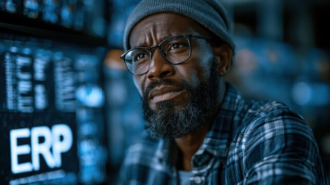 A focused man wearing glasses and a beanie studies complex ERP data on multiple screens in a dimly lit, tech-driven environment.