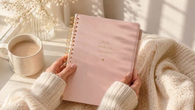 Elegant Pink Planner Notebook With Coffee Cozy Morning Workspace Productivity Lifestyle Inspiration Scene
