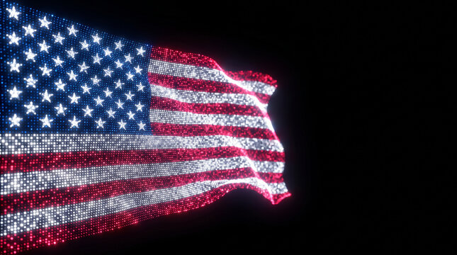 Digital american flag made of glowing particles waving in the dark, 3d render of usa flag with light dots, patriotic background concept