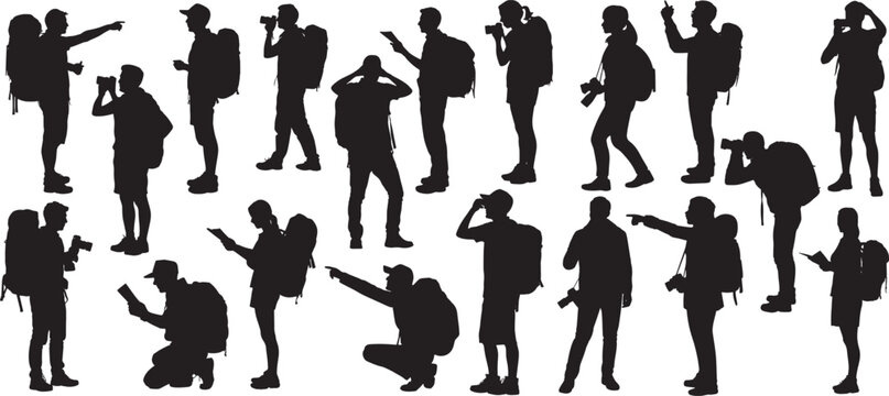 Silhouettes tourists, hikers, and backpackers in various travel poses, such as taking photos, using binoculars, and pointing, vector set