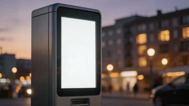 Evening medium shot of a walkup inquiry kiosk showing crisp interface detail with a softly defocused urban backdrop.