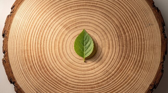 Tree ring slice with a single green leaf at its center natural cycle