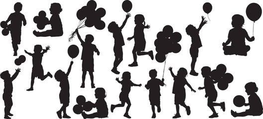 Fototapeta premium Children playing with balloons silhouettes set, children holding, catching, or releasing balloons various dynamic poses. vector